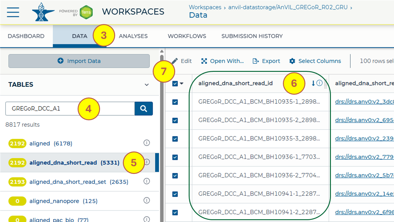 Screenshot of AnVIL Data Tab harmonized CRAMs